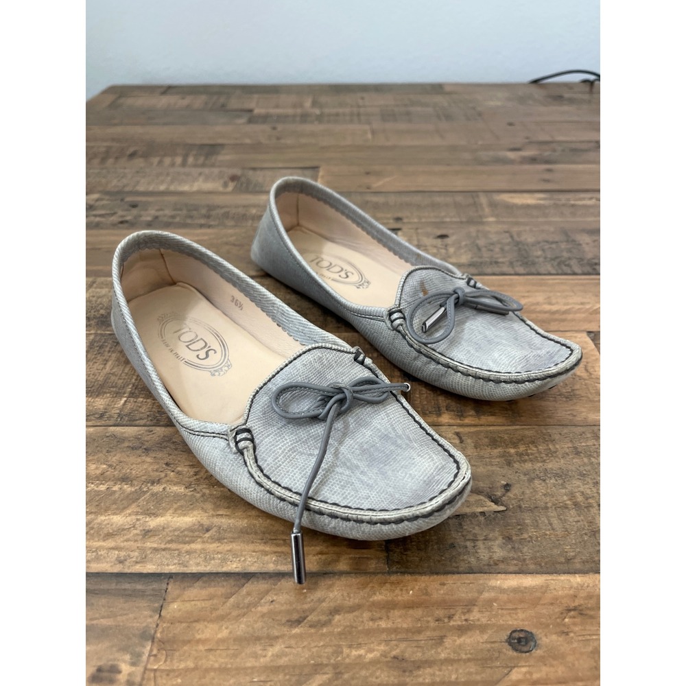 Tods Grey Lizard Embossed Leather Gommino Driving Loafers Womens 36.5 Italy